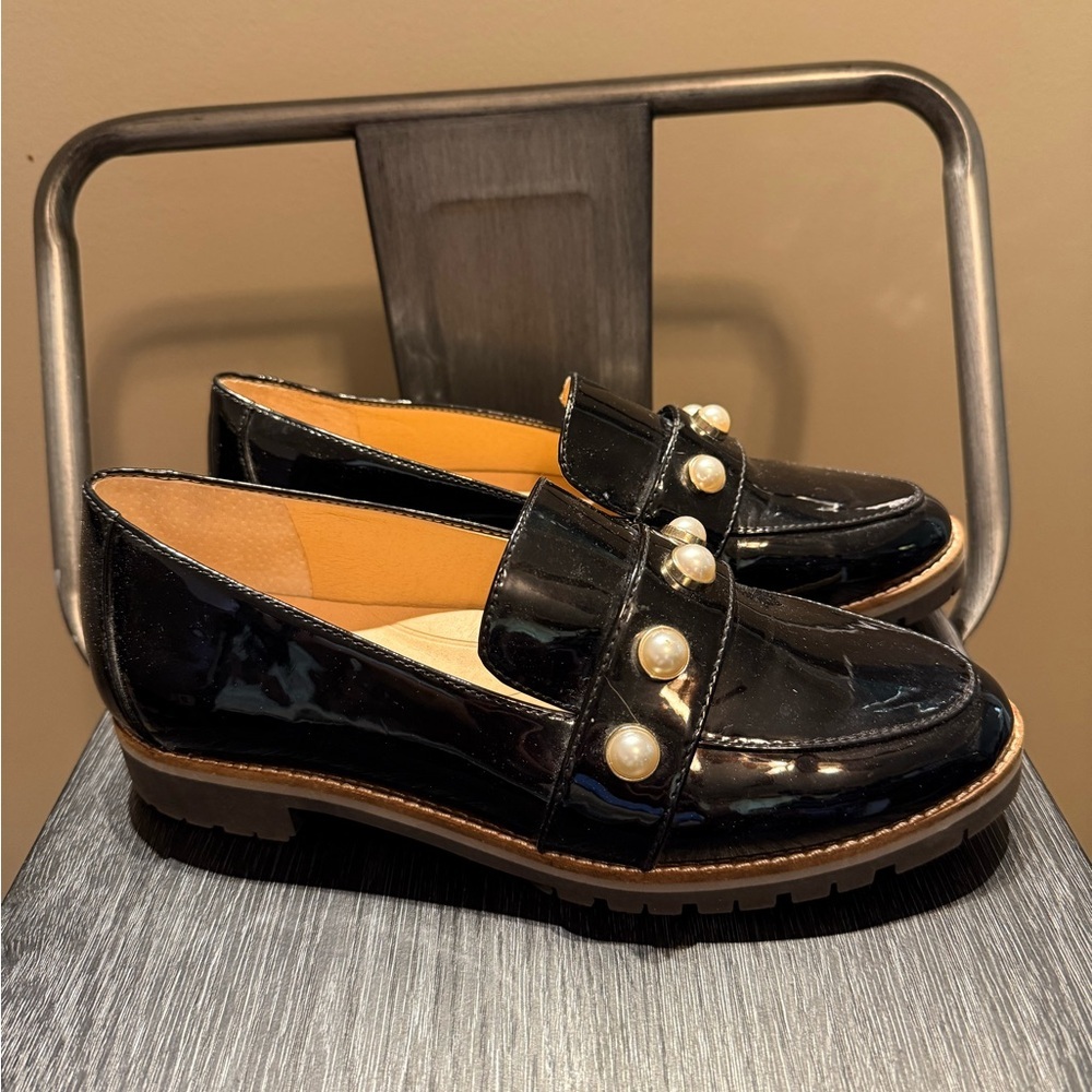 Alex Marie Glossy Black Loafers with Pearl Accents